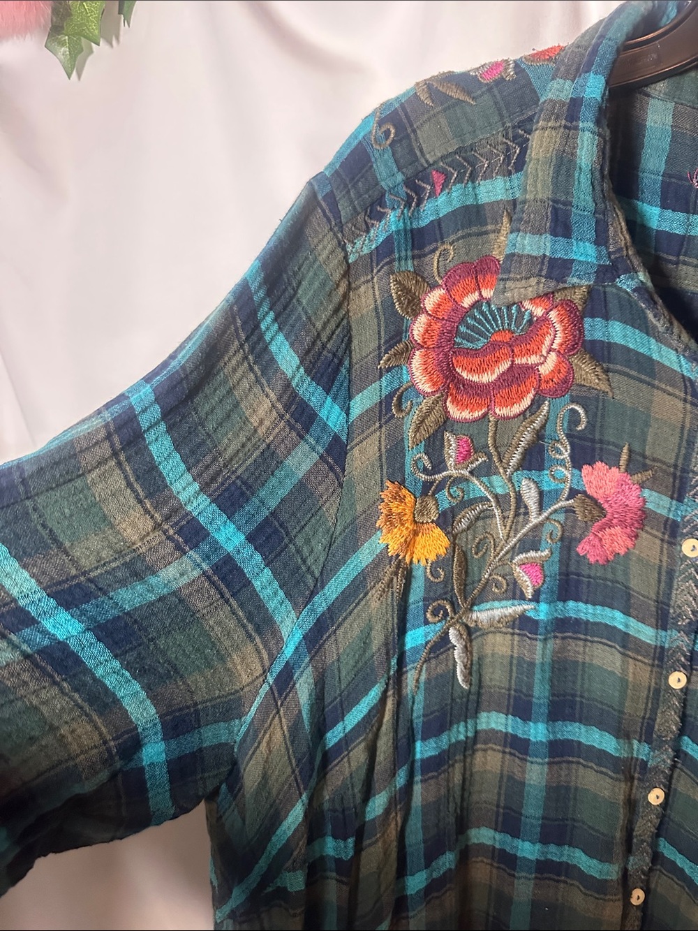 Johnny Was Teal & Green Plaid Button-Down with Floral Embroidery - Picture 3 of 9